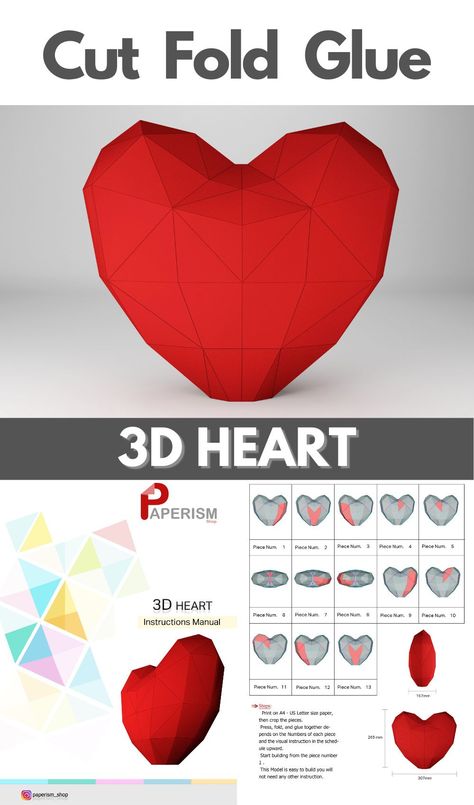 Heart model for valentine's day decoration or bedroom, office decoration, the file has pdf template and manual instruction its easy pdf template all you need is to print the file out then Cut, fold and glue. #paperheart #3dheart #howto #DIY #pdftemplate Hearts Paper Crafts, 3d Templates, Heart Sculpture, Heart Model, Heart Paper, Cardboard Sculpture, Scoring Tool, Heart Printable, Origami Heart