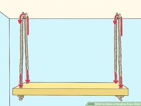 How to Make a Hanging Rope Shelf: 10 Steps (with Pictures) Hanging Shelves With Rope, Hanging Shelf With Rope, 2x4 Hanging Shelf, How To Hang Shelves Without Nails, Ceiling Hanging Shelves, Hanging Window Shelf, Basement Salon, Shelf With Rope, Repurposed Wood Projects