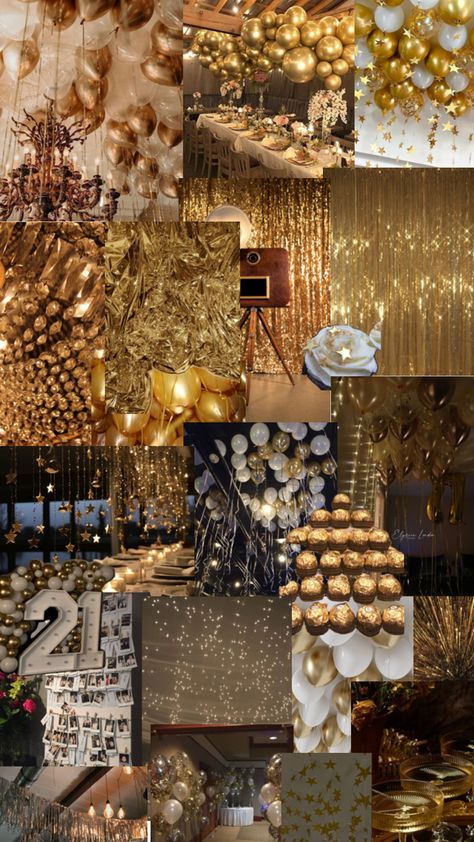 Gold Rush Theme Party, Golden Theme Birthday Decor, Solid Gold Party Theme, Formal 21st Birthday Party Ideas, Golden Theme Party Decor, Silver And Gold Party Theme, Sweet 16 Gold Theme, Golden Hour Prom Theme, Golden Hour Theme Party