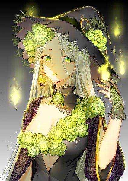 Anime picture original maokezi long hair single tall image looking at viewer highres light erotic breasts simple background green eyes large breasts silver hair cleavage nail polish upper body wide sleeves magic fingernails mole 2480x3508 545864 en White Hair And Green Eyes, Illustration Manga, Anime Witch, Anime Halloween, Japon Illustration, Witch Costume, Anime People, A Witch, Anime Angel