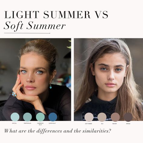 Light Summer VS Soft Summer comparison. What are the differences between the Light Summer Palette that neighbours Spring and the Soft Summer Palette that neighbours Autumn? ⁠ .⁠ #coloranalysis #colouranalysis #summerpalette #lightsummer #softsummer #coloranalyst Soft Summer Vs Light Summer, Light Summer Vs Soft Summer, Season Analysis, Soft Summer Makeup, Colour Season, Soft Summer Palette, Summer Palette, True Winter, Deep Autumn