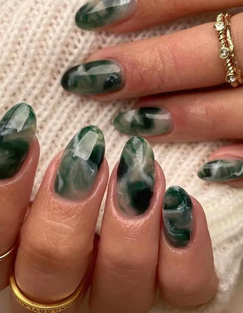 27+ Dramatic Dark Green Nails You'll Adore for 2025 Dark Green Jade Nails, Cute Forest Green Nails, Dark Green Manicure Ideas, Dark Green Christmas Nails Acrylic, December Nail Ideas Green, Dark Green Nails Fall, Nails Dark Green Design, Dark Green Wedding Nails, Short Nails Green Design