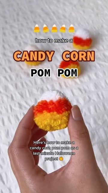 Candy Corn Yarn Craft, Candy Corn Banner Diy, Fall Yarn Garland Diy, How To Do Pom Poms, Halloween Fiber Art, Candy Corn Pom Pom, Diy Halloween Pom Pom Garland, Crafts Using Pom Poms, Diy Pom Poms Yarn