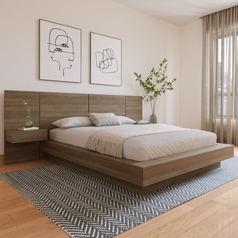 This elegant bed redefines luxury, featuring an opulent headboard with integrated extension panels and floating nightstands, all highlighting the exquisite beauty of natural oak. King Size Bed Master Bedrooms, Wood Headboard Bedroom, Minimalist Bedroom Furniture, Floating Nightstands, Platform Bedroom, Elegant Bed, Platform Bed With Headboard, Wood Bedroom Sets, Platform Bedroom Sets