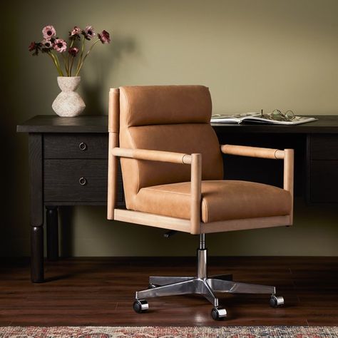 Office | KIANO DESK CHAIR Modern Desk Chair, Stylish Desk, Leather Office, Leather Desk, Leather Office Chair, Linen Upholstery, Home Office Chairs, Four Hands, Modern Office