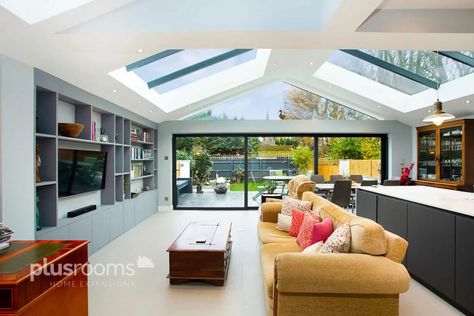 Pitched Roof Extension Design Ideas | Kitchen Extension Ideas - Plus Rooms Pitched Roof Kitchen, Pitched Roof Extension, Wraparound Extension, Modern Windows And Doors, Office Open Plan, Roof Extension, Living Room Renovation, House Extension Design, Extension Designs