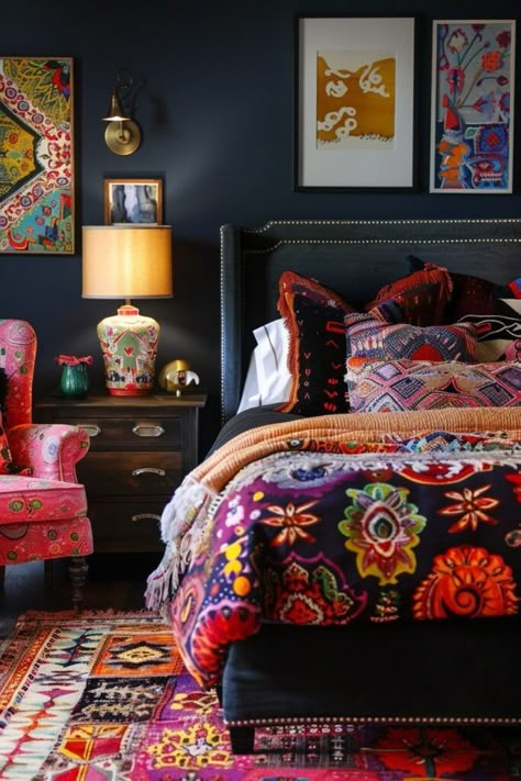 Black And Jewel Tone Bedroom, Maximalist Guest Bedroom, Jewel Tone Boho Bedroom, Feminine Eclectic Decor, Eclectic Moody Bedroom, Boho Maximalism Bedroom, Dark Eclectic Bedroom, Noir Bedroom, Moody Eclectic Bedroom