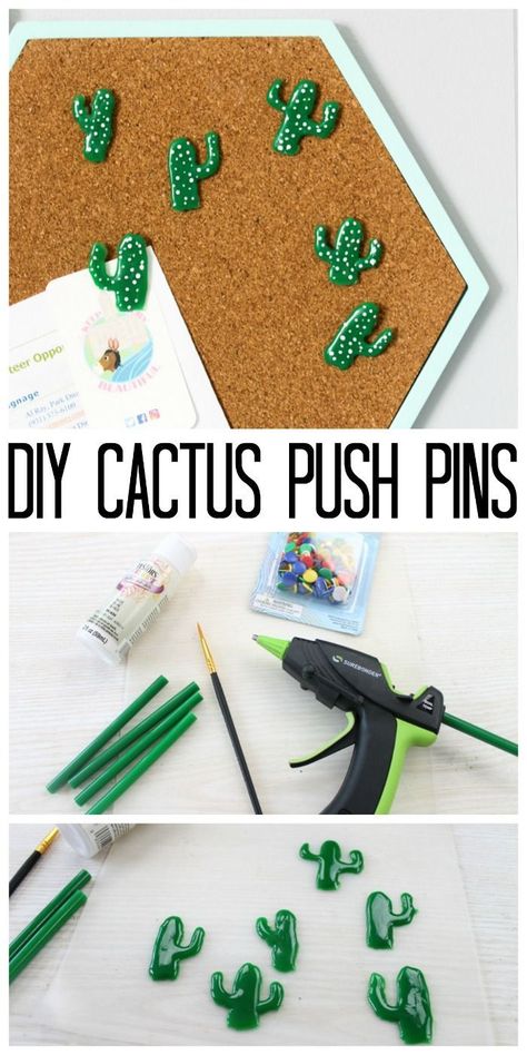 Make these decorative push pins with hot glue! A fun cactus shape that you can add to any cork board! A quick and easy project that anyone can make! #hotglue #cactus Cork Board Projects, Diy Cork Board, Diy Cork, Diy Cactus, Decorative Push Pins, Cactus Craft, Cactus Diy, Cork Diy, Project Board