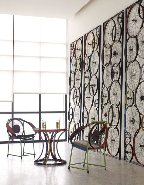 Bicycle Rims, Old Bicycle, Lantern Floor Lamp, Bicycle Wheel, Bicycle Art, Tables And Chairs, Phillips Collection, Furnishings Design, Bicycle Parts