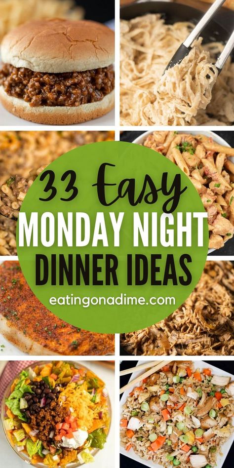 Everyone will enjoy these amazing and easy Monday night dinner ideas. These quick dinner recipes are perfect for a casual family night. 33 easy recipes that everyone will love. These are the best family friendly recipes that everyone will love.  #eatingonadime #easydinners #mondaynightdinners #easyrecipes Work Night Dinners, Easy Monday Night Dinner, Monday Night Dinner Ideas, Monday Night Dinner, Cheap Family Meals, Lazy Dinners, Simple Pantry, Family Friendly Recipes, Fast Dinner Recipes