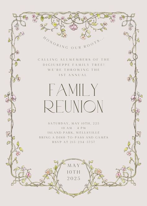 Elegant florals - family reunion invitation  #invitations #printable #diy #template #familyreunion #party Family Reunion Invitations Templates, Family Reunion Themes, Reunion Invitation, Family Reunion Invitations, Reunion Invitations, Butterfly Birthday Cards, Greetings Island, Bridesmaid Thank You, Thanksgiving Invitation