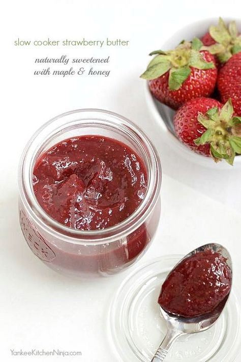 Guilt-free slow cooker strawberry butter, sweetened naturally with maple and honey | YankeeKitchenNinja.com Crockpot Fruit Butter Recipes, Crockpot Strawberry Butter, Strawberry Butter Recipe, Diy Canning, Fruit Butters, Strawberry Honey, Fruit Butter, Strawberry Butter, Butter Crock