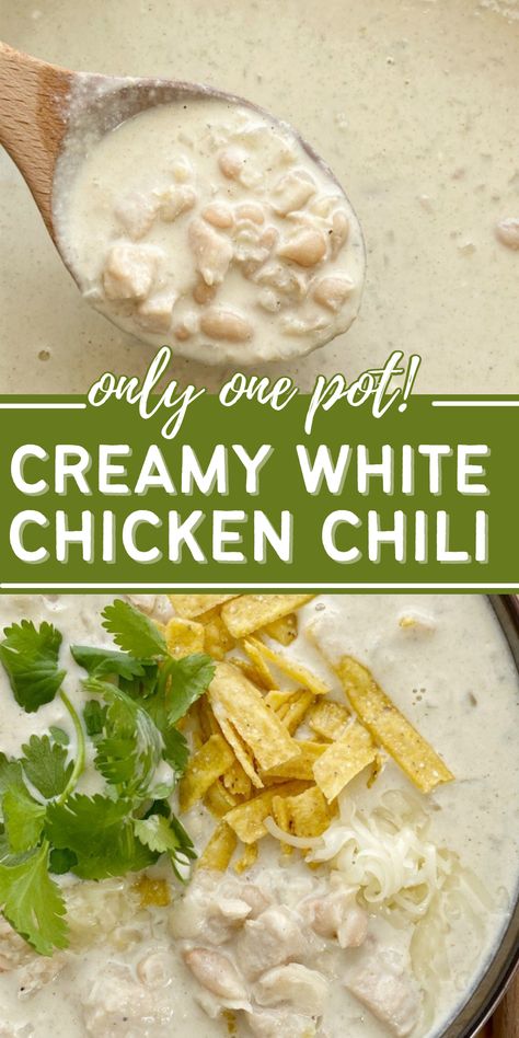 Creamy white chicken chili recipe cooks in one pot on the stove top with chunks of chicken, beans, green chilies, in a creamy broth base. Chicken Helper, Chicken And White Beans, Chili Base, Creamy White Chili, Creamy White Chicken Chili Recipe, White Chicken Chili Recipe Crockpot, Chicken Chili Soup, Creamy Chicken Chili, Bird Recipes