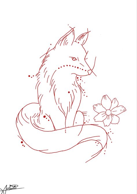 Fox and a flower Energetic Tattoo, Fox Drawing, Tattoo Outline Drawing, Fox Tattoo, Flower Art Drawing, Outline Drawing, Hand Poke, Subtle Tattoos, Drawing Templates