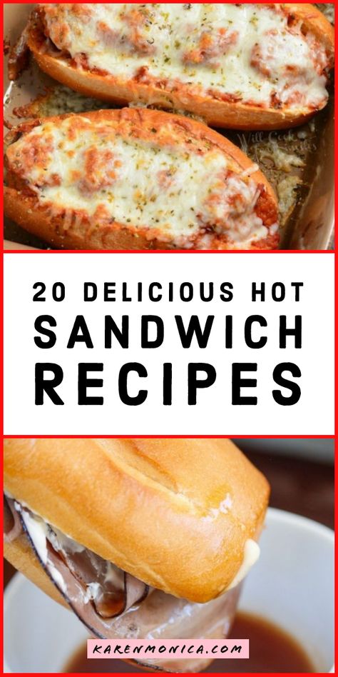 20 Hot Sandwich Recipes to satisfy your winter cravings. From the famous grilled chicken sandwich to the healthy crock pots beef and turkey with cheese Hot Meat Sandwiches, Hot Sandwiches Ideas, Hot Deli Sandwiches, Lunch Ideas Hot Meals, Winter Sandwich Ideas, Hearty Lunch Ideas For Men, Hot Sandwich Recipes Dinners, Hot Sandwiches For Dinner, Dinner Sandwich Ideas