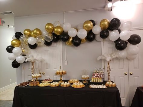 Decor With Balloons, Event Decor Ideas, Party Decorations Table, Cupcake Table, Black Tablecloth, Gold Chargers, Backdrop Wall, Cake And Cupcake Stand, Dessert Table Decor