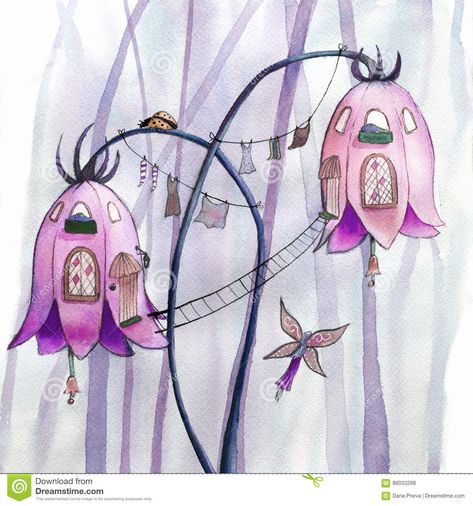 Fairies flowers houses. stock illustration. Illustration of formal - 86033298 Garden Fairies Drawing, Fairy Drawings Cute, Flower Fairy House Drawing, Fairy Houses Illustration, Fairy Cottage Painting, Whimsical Fairy House Drawings, Fairy Cute Illustration, Fairy House Interior Illustration, Flower House Illustration