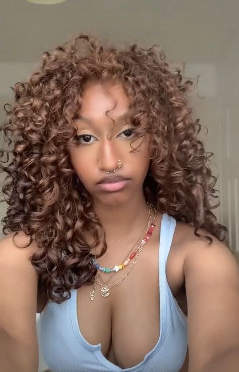 Hair Colors For Biracial Women, Light Brown Hair Dye Curly Hair, Cute Dyed Curly Hair, Hair Dye Colors For Curly Hair, Maple Brown Hair Color Curly Hair, Cinnamon Brown Hair Color Curly, Mixed Curly Hair Color Ideas, Hair Color Ideas Mixed Women, Dye Styles For Curly Hair