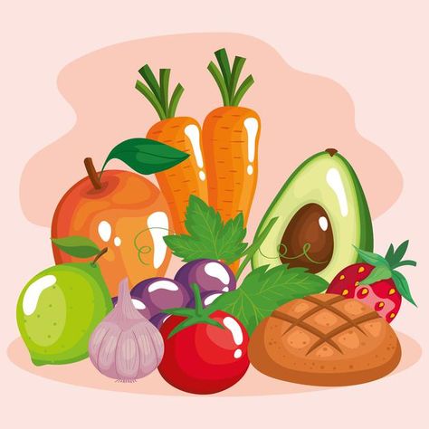 Healthy Food Cartoon Images, Healthy Foods Drawing, Healthy Food Illustration Art, Healthy Food Poster Drawing, Cartoon Food Drawings, Healthy Food Drawing, Healthy Food Cartoon, Fruits And Vegetables Drawing, Healthy Food Illustration