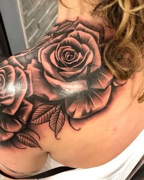 Shoulder Tattoo for Women—30 Sexy Design Ideas Shoulder Rose Tattoos For Women, Rose Shoulder Tattoos For Women, Rose Tattoos On Shoulder, Arm Cover Up Tattoos, Tattooing Inks, Cover Up Tattoos For Women, Floral Back Tattoos, Rose Tattoo On Arm, Shoulder Tats