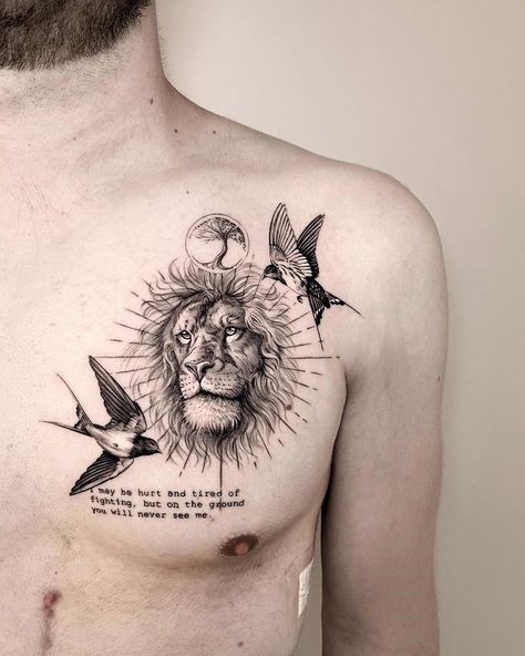 Amazing lion sparrows typography circle tree chest geometric tattoo by awesome artist Matias Noble @matiasnobletattoo ! Tattoo Of Animals, Tatoos Men Back, Lion Tattoo Chest, Tree Chest, Typography Circle, Black And White Rose Tattoo, Simple Lion Tattoo, Lion Chest Tattoo, Lion Back Tattoo