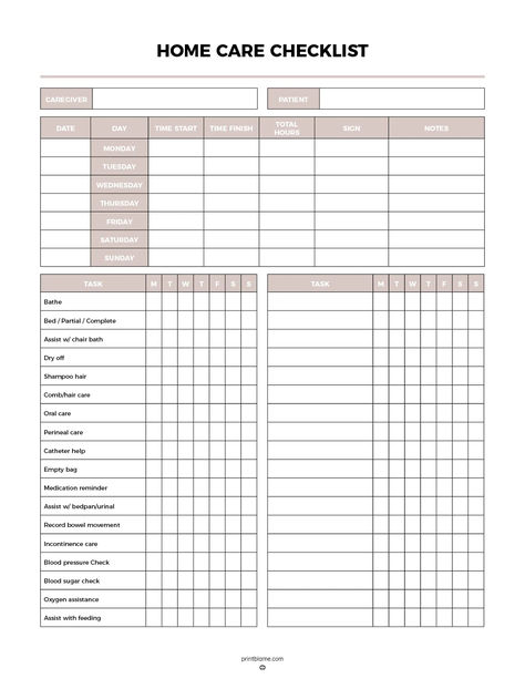 Printable caregiver daily checklist template with fields for caregiver and patient names, time logs, and a task list including daily caregiving duties with checkboxes for each day of the week. Caregiver Daily Log Sheet, Daily Checklist Template, Medication Log, Caregiver Resources, Home Care Agency, Daily Checklist, Time Tracking, Checklist Template, Home Health Care