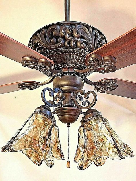 52" ORB oil rubbed bronze ceiling fan with 4 light amber hand blown glass md md* #BellagioLighting Oil Rubbed Bronze Ceiling Fan With Light, Cottage Core Ceiling Fan, Victorian Ceiling Fans, Lightning Accessories, Oil Rubbed Bronze Ceiling Fan, Antique Ceiling Fans, Vintage Ceiling Fans, Celing Light, Ceiling Fan Makeover