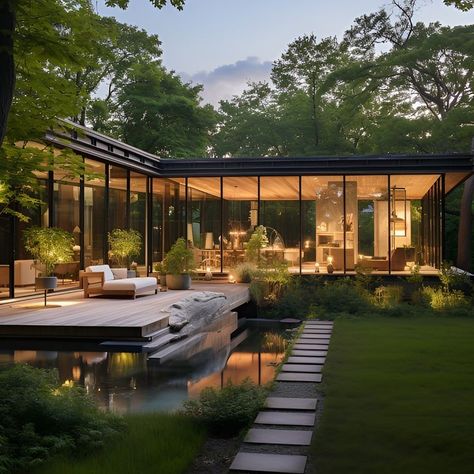 Modern Nature House Exterior, Modern Eco Home Exterior, Glass Exterior House, Forest Glass House, Glass House In The Woods, Small Glass House Design, Glass Front House, Glass House Design Modern, All Glass House