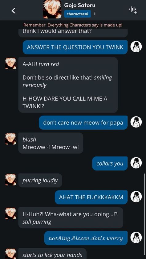 Funny Cai Chats, Gojo Goofy, Gojo Funny, Cai Chats, Anime Text, Cursed Things, Funny Chat, Cat Boy, Funny Conversations