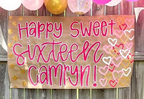 Sweet 16 Banner Ideas, Painted Birthday Banner, Brown Paper Banner, Sweet 16 Banner, 23rd Birthday Decorations, Birthday Banner Ideas, Prom Poster, Sweet 16 Sign, Bday Banner