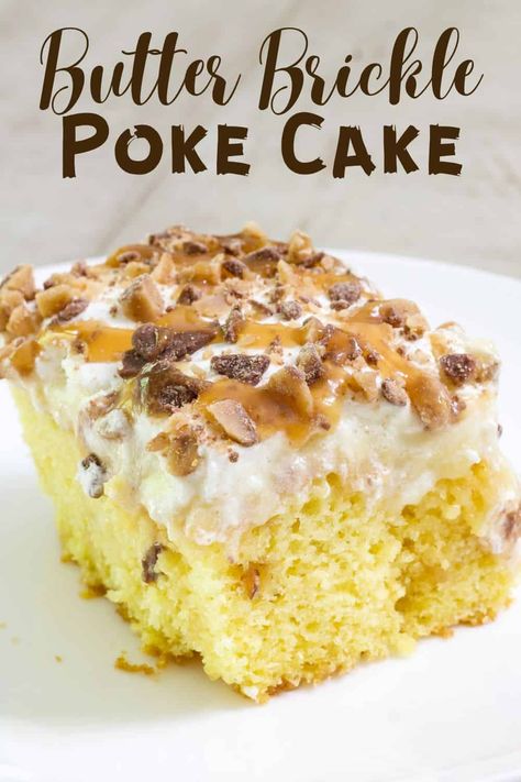 Butter Brickle Poke Cake is a delicious and decadent dessert that features a boxed yellow cake mix, pudding, caramel and Heath toffee bits. via @mindyscookingobsession Butter Brickle Dessert, Butter Brickle Poke Cake, Maple Poke Cake Recipes, Butter Toffee Cake, Yellow Cake Poke Cake Recipes, Heath Cake Recipe, Yellow Cake Mix Poke Cake Recipes, Cake Mix Poke Cake Recipes, Yellow Cake Desserts