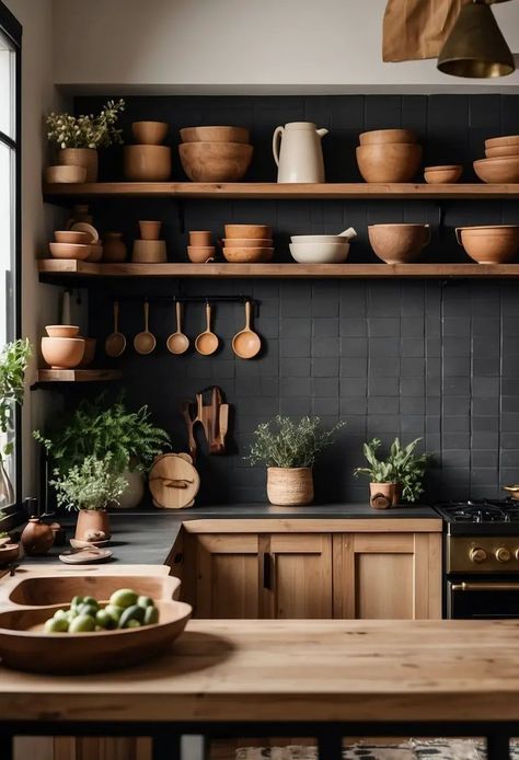 Rustic Modern Kitchens: The Perfect Blend of Old and New - Kitchen Informant Aesthetic Rustic Kitchen, Natural Aesthetic Kitchen, Kitchen Material Palette, Neutral Cozy Kitchen, Earthy Small Kitchen, Dark Boho Kitchen Ideas, Nature Kitchen Ideas, Cozy Contemporary Kitchen, Earthy Kitchen Aesthetic