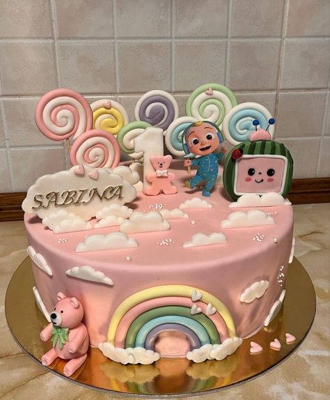 Cocomelon cake, lollipoops, rainbow, clouds, bear, little baby, first birthday Kue Cocomelon, Cocomelon Cake For Girl, Levi Birthday, Birthday Cale, Cocomelon Cake, Melon Cake, Second Birthday Cakes, Cake Designs For Girl, Baby Birthday Party Theme