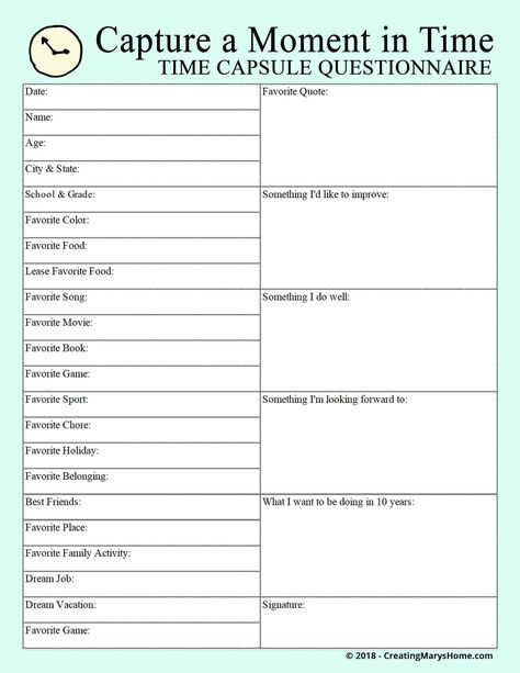 Christmas Time Capsule, Time Capsule Questionnaire, Time Capsule Worksheet, New Years Time Capsule For Kids, Family Time Capsule Ideas, How To Make A Time Capsule, Time Capsule Ideas For Friends, What To Put In A Time Capsule, Things To Put In A Time Capsule