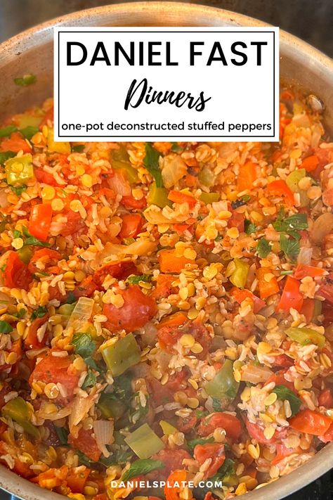 Are you doing the Daniel Fast? This One Pot Deconstructed Stuffed Peppers is a meal prep favorite. These unstuffed peppers are full of flavor and freezer friendly. Not only is it vegan, but it's also gluten-free, nut-free, soy-free, oil-free, high in protein and low in fat. Check out this and other Daniel Fast recipes here... 21 Day Daniel Fast Recipes, High Protein Daniel Fast Recipes, Daniel’s Fast, Daniel’s Fast Recipes, Daniel Fast Soup Recipes, Daniel Fast Meal Ideas, Daniel Fast Recipes Dinner, Daniels Fast Recipes, Daniel Fast Recipes 21 Day Meal Plan