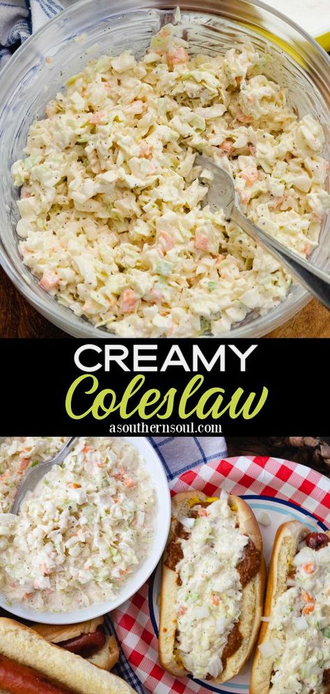 Extra creamy with a healthy crunch, this coleslaw recipe is the perfect side dish for any cookout, summer lunch, or dinner. Creamy Coleslaw also makes a terrific topping for hot dogs and hamburgers! Grandma's Coleslaw Recipe, Easy Coleslaw Recipe Mayonnaise, Bob Evans Coleslaw Recipe, Coke Slaw Mix Recipes, Best Creamy Coleslaw Recipe, Mayo Slaw Coleslaw Recipes, Creamy Southern Coleslaw Recipe, Sweet Creamy Coleslaw, Creamy Cole Slaw Dressing Recipe