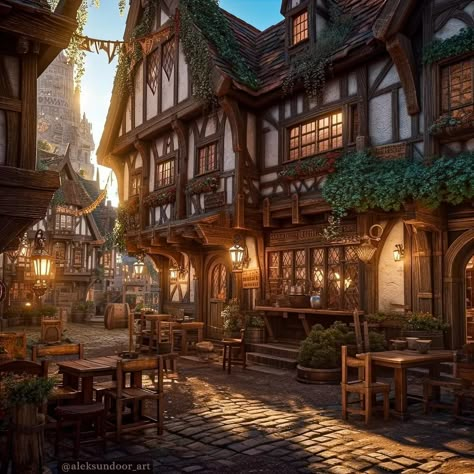 The Rustic Tavern 🏰☕✨❤️ . . . ➡️ Follow me @aleksundoor_art and turn on your post notifications so you do not miss this story! . . . … | Instagram Fantasy Tavern Exterior, Medieval Tavern Aesthetic, Tavern Fantasy Art, Tavern Art, Fantasy Tavern Aesthetic, Fantasy Tavern Art, Medieval Inn, Fantasy Tavern, Medieval Tavern