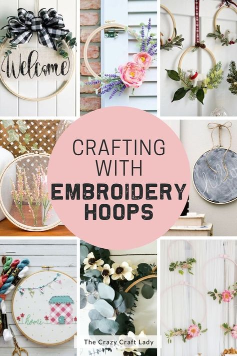 It’s time to get creative and make one of these unique embroidery hoop crafts – make wall hangers, wreaths, and so much more! Quilting Hoop Crafts, Diy Using Embroidery Hoop, How To Decorate Embroidery Hoop, Crafts With Embroidery Hoops Ideas, Fabric Embroidery Hoop Wall Decor, Loop Embroidery Wall Art, Decorating Embroidery Hoop, Embroidery Hoop Decorations, Wooden Hoops Craft