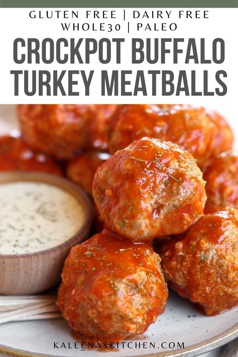 These Crockpot Buffalo Turkey Meatballs are a delicious and healthy twist on the classic buffalo chicken and are a tasty appetizer for football Sundays or any big game. Buffalo Chicken Super Bowl Food, Buffalo Chicken Meatballs Crockpot, Healthy Crockpot Buffalo Chicken, Buffalo Chicken Crock Pot Healthy, Buffalo Turkey Meatballs Healthy, Whole30 Turkey Meatballs, Whole 30 Buffalo Chicken Meatballs, Super Bowl Food Crockpot, Buffalo Turkey Meatballs