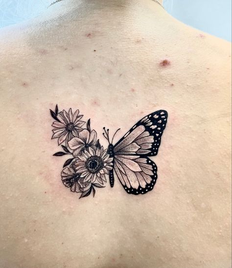 Cover Butterfly Tattoo, Half Sunflower Half Rose Tattoo, Monarch Butterfly Flower Tattoo, Sunflowers Butterfly Tattoo, Butterfly Tattoo Sunflower, Half Moth Half Flower Tattoo, Half Butterfly Half Flower Tattoo Design, Half Moth Half Butterfly Tattoo, Butterfly Tattoo Half Flowers