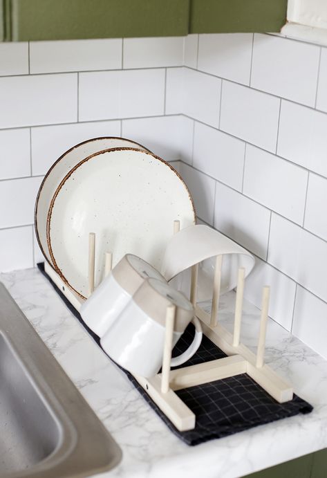 DIY Minimal Wooden Dish Rack - The Merrythought Dish Rack Aesthetic, Dish Rack Diy, Wooden Dish Rack, Dwelling Place, Diy Dish, Laundry Rack, Sink Dish Rack, Wooden Dishes, How To Waterproof Wood