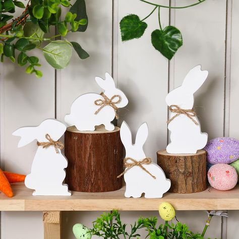 PRICES MAY VARY. Pack of 4 Bunny Signs: you will receive 4 pieces of Easter bunny wood signs in cute colors, sufficient wood bunny signs can meet your Easter decorative needs, which will make it look more cute and delicate; These Easter Bunny wood signs are a good addition to Easter decorations or layered trays Reliable and Firm: the bunny decor is made of quality wood material, not easy to break, corrode and fade, odorless resistant to fade, the reliable material that you can use it safely, can Bunny Table Decor, Colorful Table Decor, Table Decor Farmhouse, Farmhouse Tabletop, Wood Bunny, Spring Party Decorations, Spring Rabbit, Rabbit Shape, Easter Wood Crafts