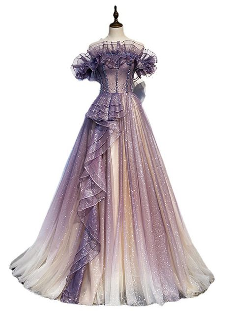 Prom Dress Purple, Dress Lengths, Purple Evening Dress, Exquisite Dresses, Off Shoulder Evening Dress, Beautiful Long Dresses, Fantasy Dresses, Lavender Dresses, Performance Dresses