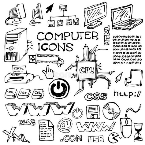 Set of hand-drawn computer icons royalty free illustration Cover Page For Project, Computer Illustration, Project Cover Page, Computer Drawing, Computer Icons, Computer Projects, Front Page Design, Colorful Borders Design, Hand Drawings