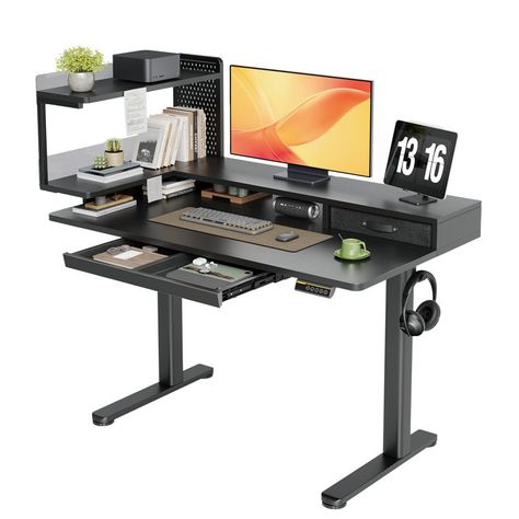 Height Adjustable Standing Desk With Exterior Shelves Standing Desk Height, Standing Desk Frame, Standing Desk Ergonomics, Adjustable Computer Desk, Desk With Keyboard Tray, Electric Desk, Home Office Computer Desk, Electric Standing Desk, Computer Workstation