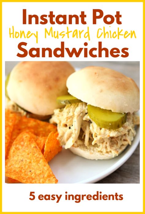 Instant Pot Honey Mustard Chicken Sandwiches—tender shredded chicken coated with a honey mustard sauce and then served with pickles on top of freshly baked buns. #instantpot #instapot #chicken Instant Pot Honey Mustard Chicken, Instant Pot Honey Garlic Chicken, Honey Mustard Chicken Recipes, Tender Shredded Chicken, Recipes Instapot, Mustard Chicken Recipes, Crockpot Chicken Healthy, Honey Mustard Chicken, Chicken Sandwiches