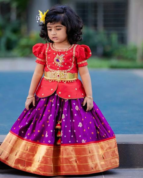 Kutties Pattu Pavadai, Patu Langa Designs For Kids, Pithani Pattu Lehangas, Kids Vaddanam Design, Baby Vaddanam Designs Gold, Kids Dress Patterns Party Wear, Pattu Langa For Kids, Western Sari, Pattu Lehenga For Kids