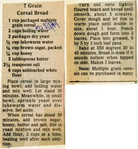 7 Grain Cereal Bread - Historic Recipe - Collections hosted by the Milwaukee Public Library 7 Grain Cereal Bread Recipe, 7 Grain Bread Recipe, Cereal Bread, Grain Free Desserts, Uk Recipes, Brunch Bread, Hot Bread, Grain Bread, Hot Cereal