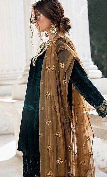 Velvet Shirts Pakistani, Brown Dupatta, Green Velvet Shirt, Asian Fashion Trends, Green Dress Outfit, Embroidered Sharara, Sharara Pants, Full Sleeve Top, Heavy Dresses