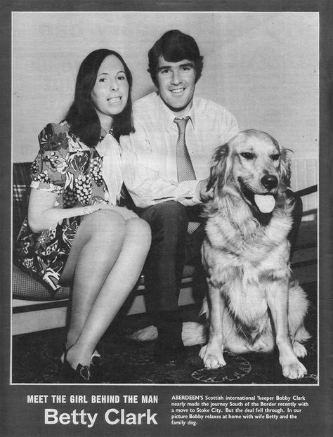 Circa 1972; Aberdeen and Scotland goalkeeper Bobby Clark with wife Betty. Bobby Clark, Footballers Wives, Aberdeen, Scotland, Football, Movie Posters, Art, American Football, Film Posters